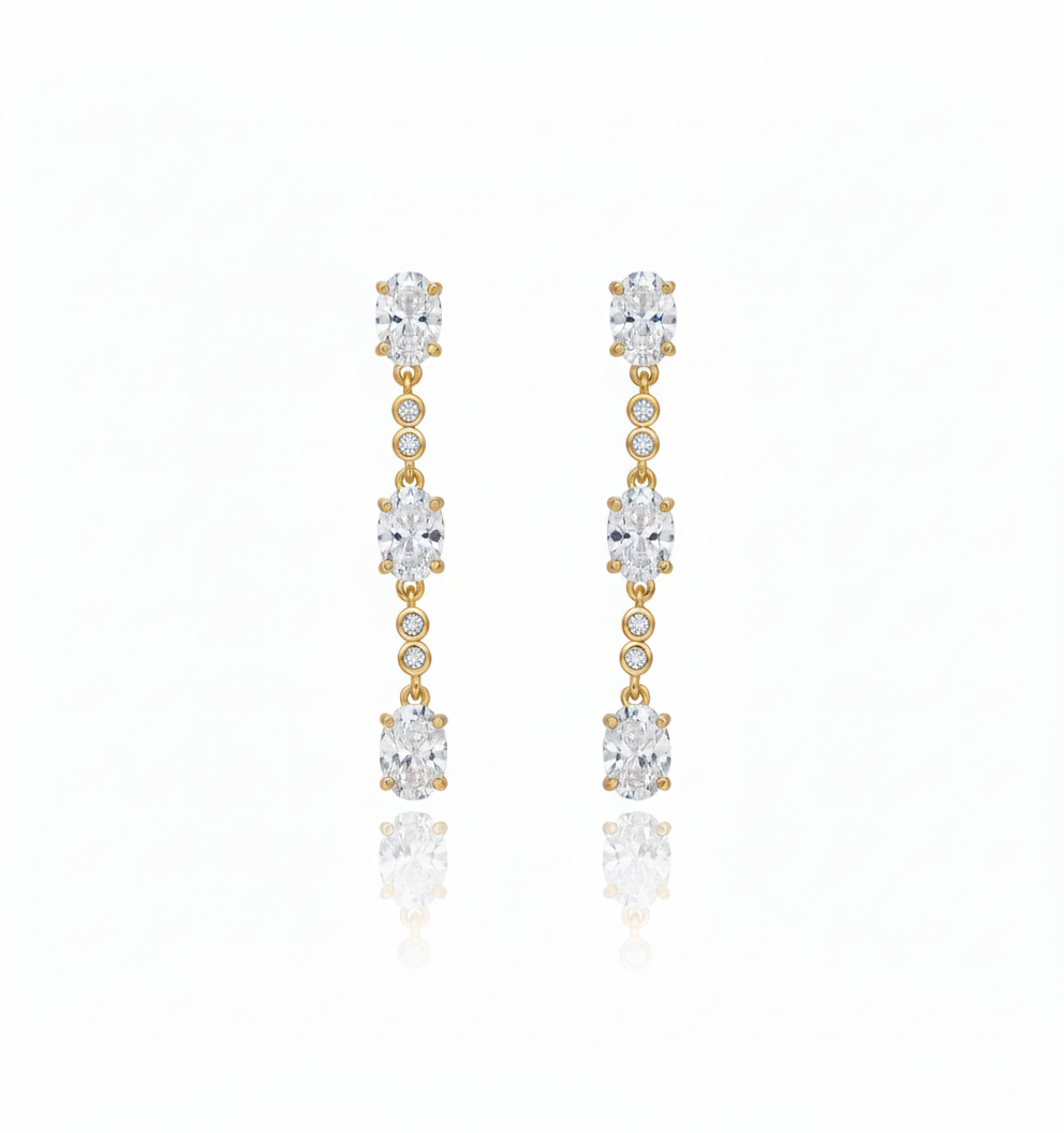 ANASTASIA - Luxurious Long Gold-Plated Drop Earrings with Oval and Round Stones