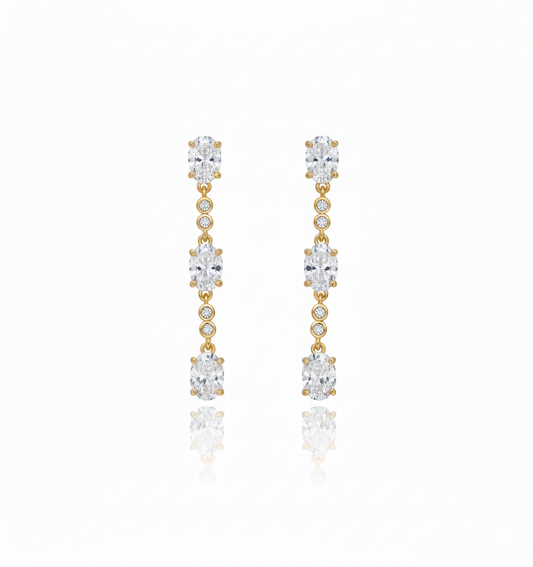 ANASTASIA - Luxurious Long Gold-Plated Drop Earrings with Oval and Round Stones