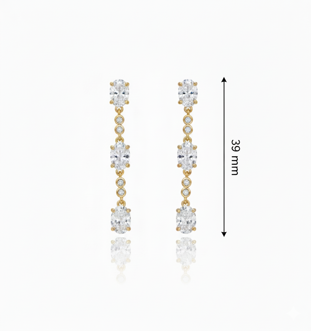ANASTASIA - Luxurious Long Gold-Plated Drop Earrings with Oval and Round Stones
