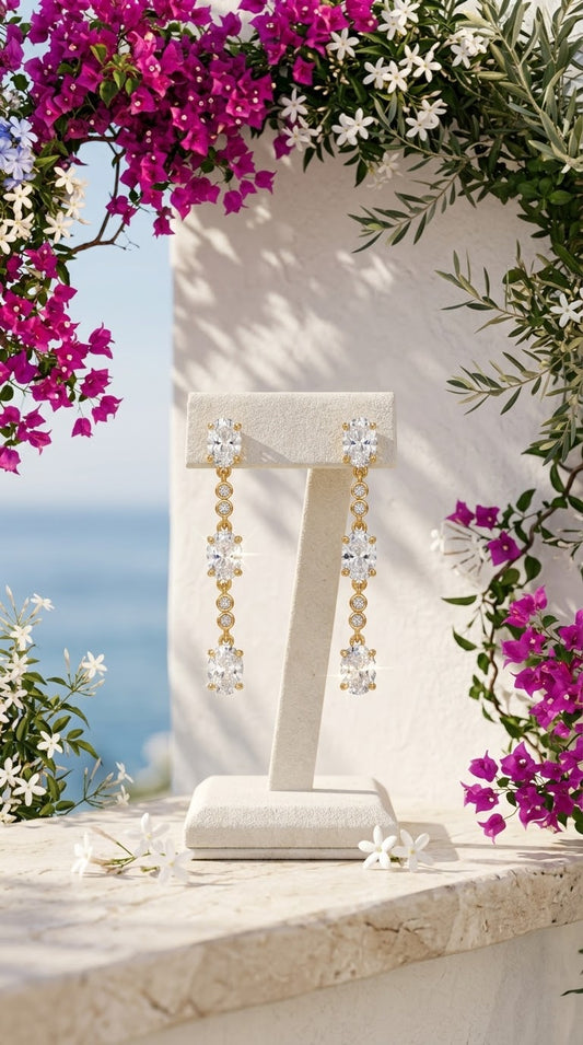 ANASTASIA - Luxurious Long Gold-Plated Drop Earrings with Oval and Round Stones