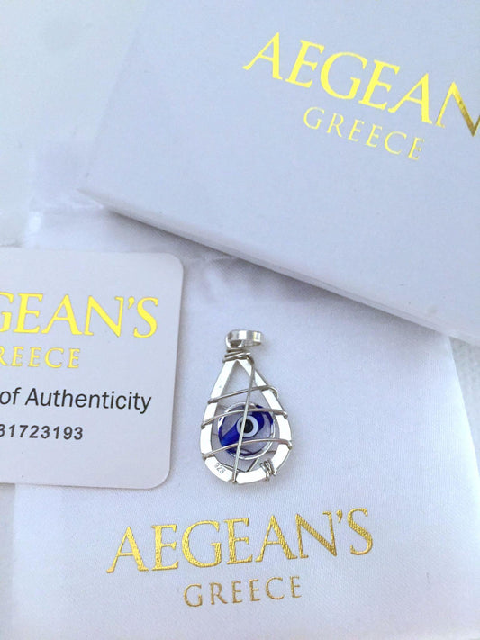 Handcrafted 925 Silver Pendant with Water Drop Design and Evil Eye Stone Made in Greece