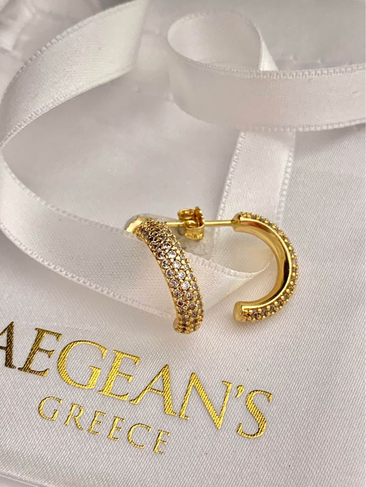 Small 15mm gold C-shaped pavé hoop earrings with sparkling French cubic zirconia⁠
